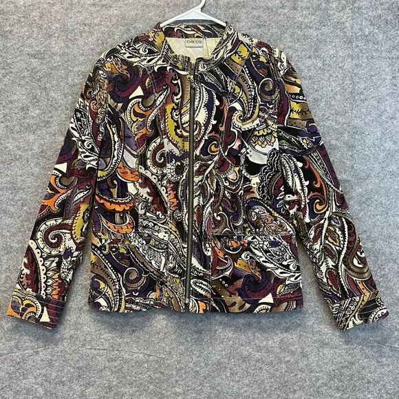 CHICO’S Women’s Jacket Zip Front Paisley Corduroy Multicolor Size 2 (Med) Fall - Picture 2 of 12